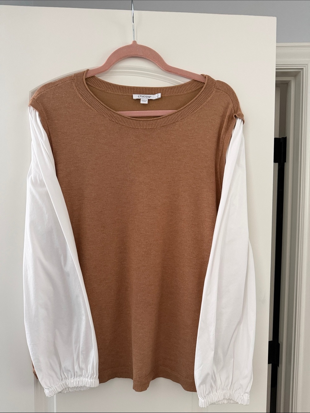 Chico's Camel Brown Knit Pullover with White Balloon Sleeves